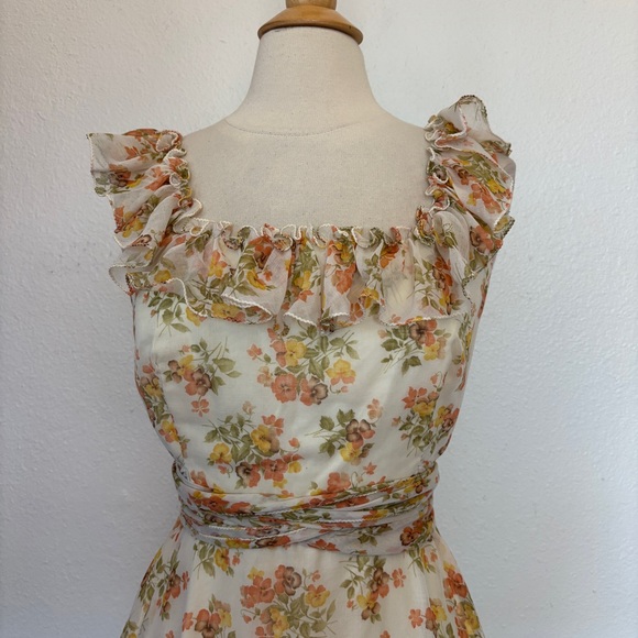 Vintage 70s Orange Floral Ruffle Summer Dress - Picture 3 of 15
